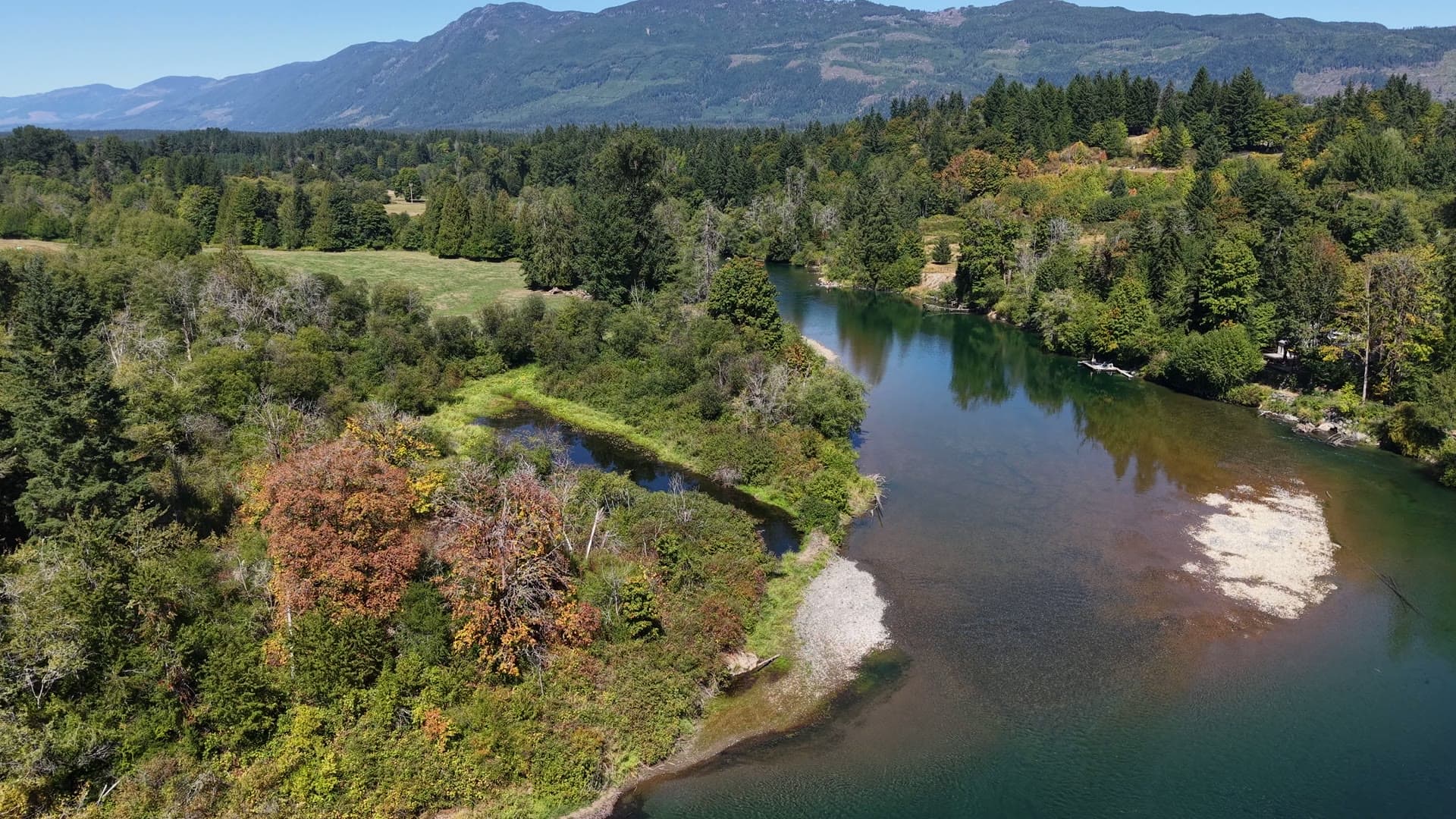 A Cascade-foothills river bending through dark conifer forest at the edge of the mountains