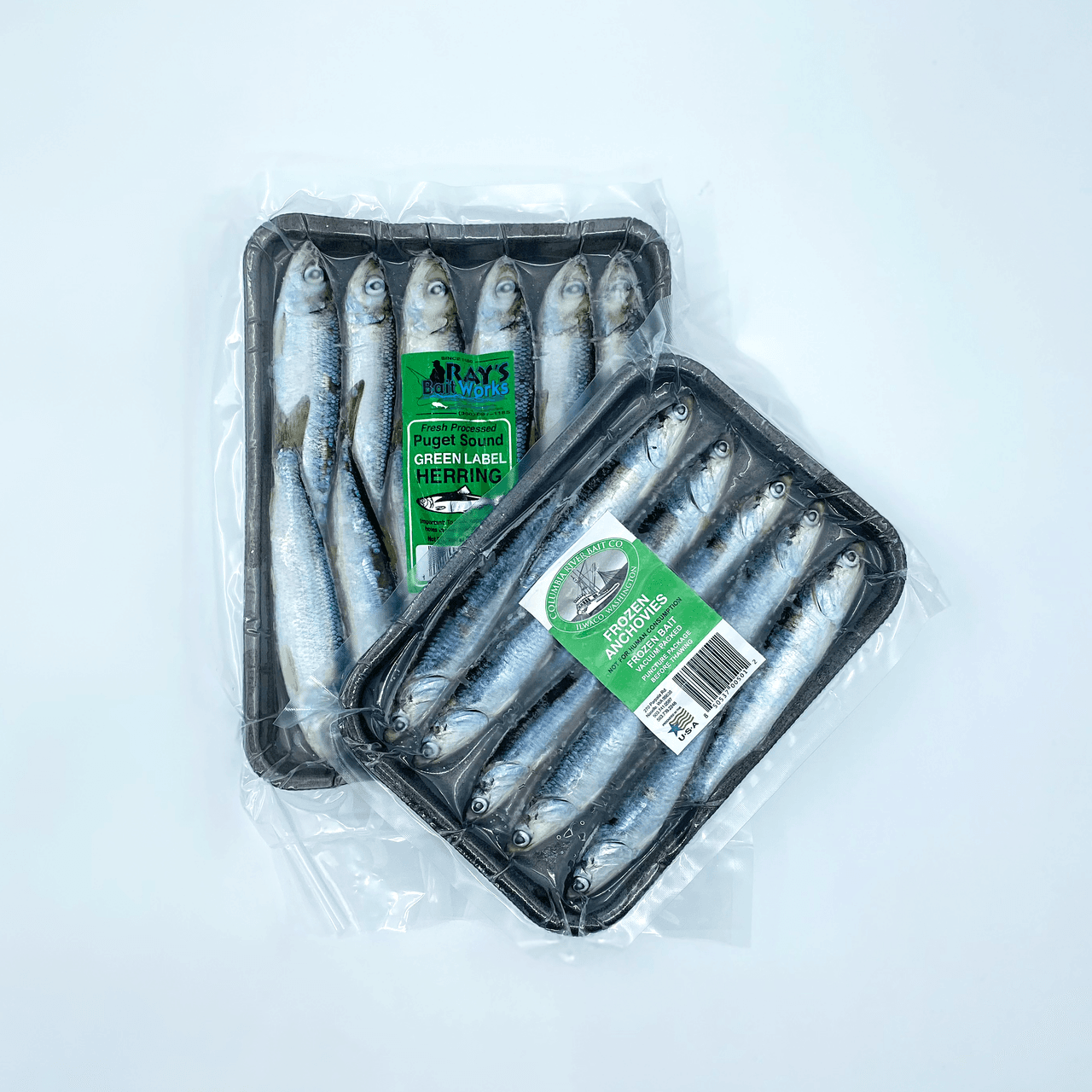 Two black trays of Ray's green-label Pacific herring, vacuum-sealed